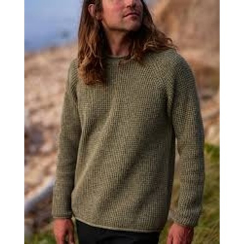 Wellen‎ Seawool Fisherman Sweater XL Olive Heather Kelp Waffle Knit Raglan Mens
